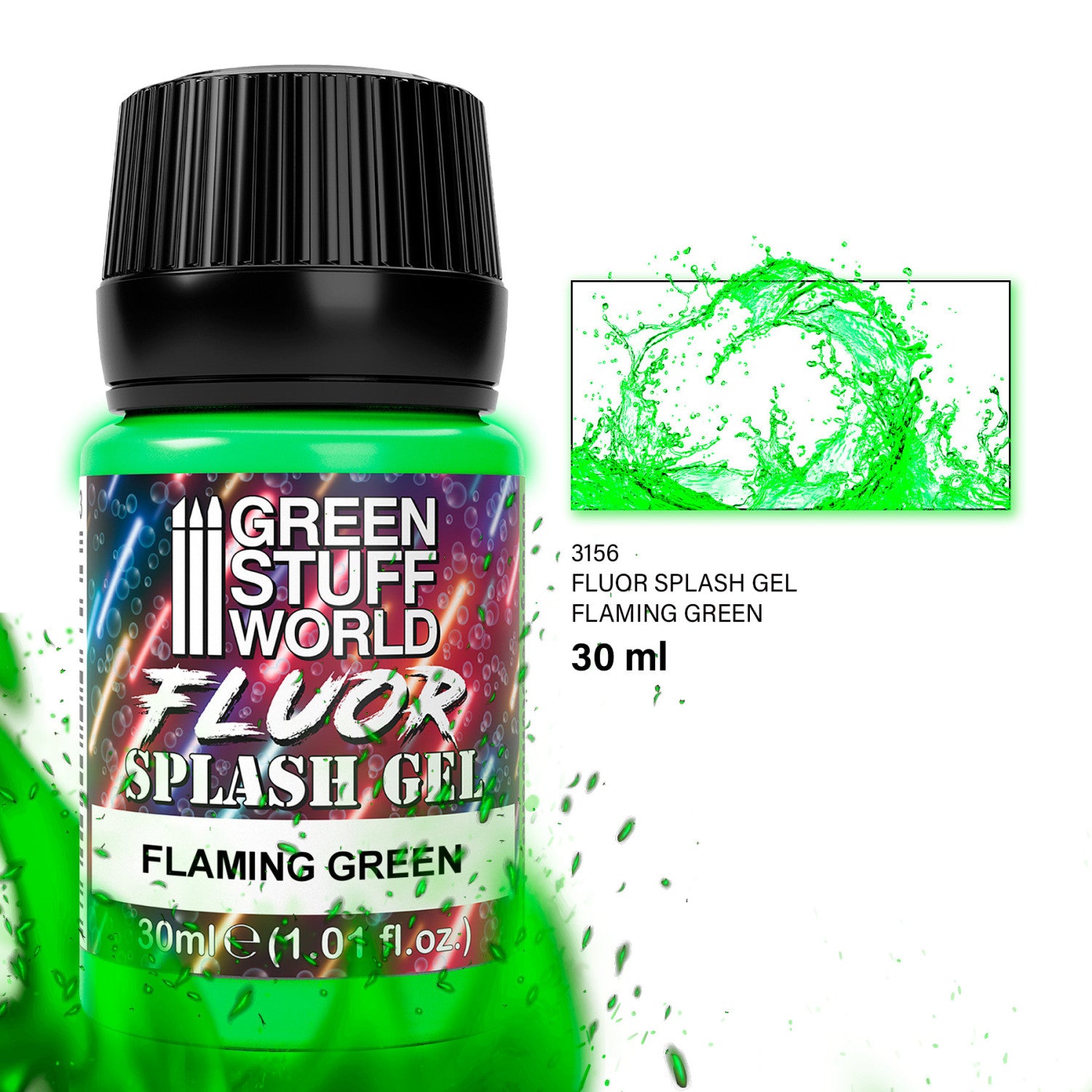 Splash Gel Flaming Green Fluor 30ml – zeleni akrilni gel za efekat plamena i magičnih detalja