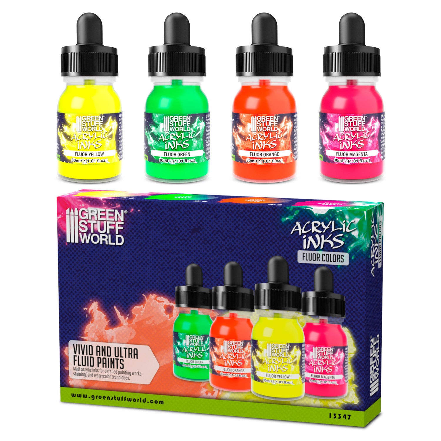 Fluor Acrylic Inks Set 4 boje – fluorescentne akrilne tinte za minijature i airbrush